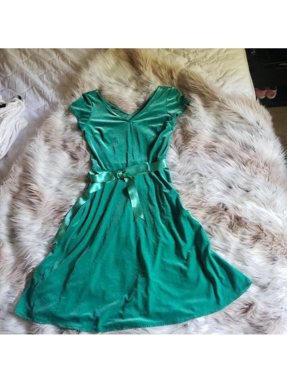 Emerald Green V-Neck Fit-and-Flare Dress with Sash
